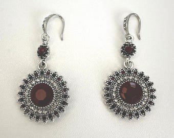 Vintage Red Crystal Dangle Earrings, Antique Silver Boho Earrings, Gothic Statement Jewelry, Victorian Style Gift for Her