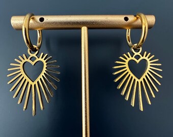 Two-in-One Gold Hoop Earrings with Heart Sunburst Charms, Heart Ray Charm Earrings, Gold Hoop Gift for Women