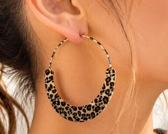 Leopard Print Hoop Earrings, Animal Print Statement Earrings, Lightweight Gold Tone Hoops, Trendy Fashion Jewelry, Gift for Her