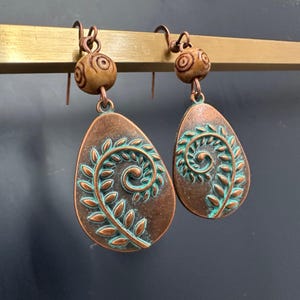 Boho Bronze Leaf Earrings: Turquoise Teardrop Dangle, Wooden Bead