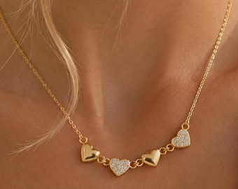 Magnetic 4 Heart Clover Necklace, Convertible Gold Tone Necklace, CZ Heart Pendant, Lucky Clover Jewelry, Gift for Her