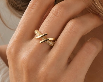 Adjustable Gold Plated CZ Ring, Open Band Ring, Minimalist Statement Ring, Dainty Crystal Ring, Modern Jewelry Gift for Her