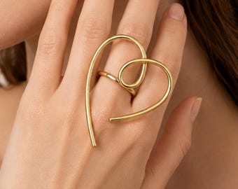 Adjustable Gold Heart Ring, Open Heart Statement Ring, Minimalist Love Ring, Gold Plated Heart Ring, Romantic Gift for Her
