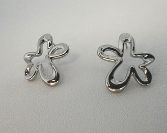 Silver Tone Abstract Flower Stud Earrings, Minimalist Floral Earrings, Modern Sculptural Jewelry, Lightweight Gift for Her