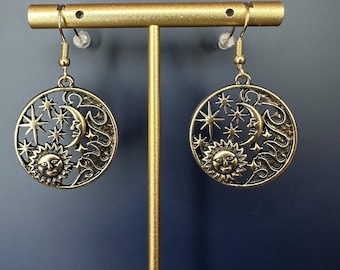 Pendientes de sol y luna celestiales, pendientes astrológicos dorados, joyas colgantes de estrella de bruja