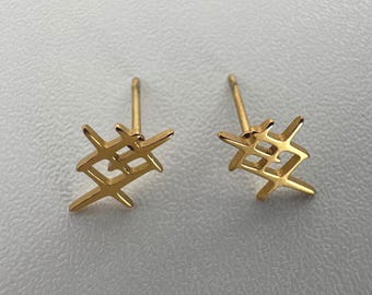 Gold Tone Minimalist Earrings, Lucky Symbol Jewelry, Asian Inspired Studs, Chinese Character Stud Earrings, Gift for Her