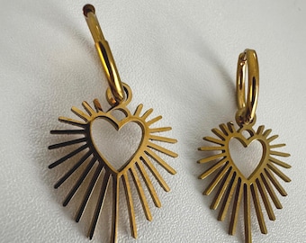 Gold Heart Sunburst Hoop Earrings, Removable Heart Charm Earrings, Convertible Hoop Earrings, Boho Gift for Her, Two-in-One Jewelry