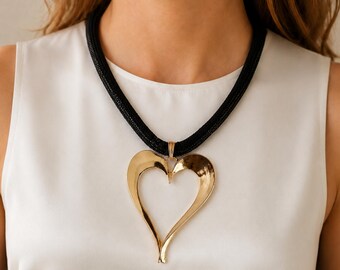 Heart Pendant Statement Necklace, Gold Heart Necklace, Black Mesh Choker Necklace, Bold Heart Jewelry, Adjustable Gift for Her
