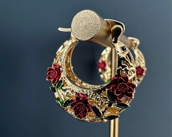 Botanical Hoop Earrings, Red Rose Gold Tone Earrings for Women, Red Rose Hoop Earrings, Romantic Gold Tone Botanical Earrings