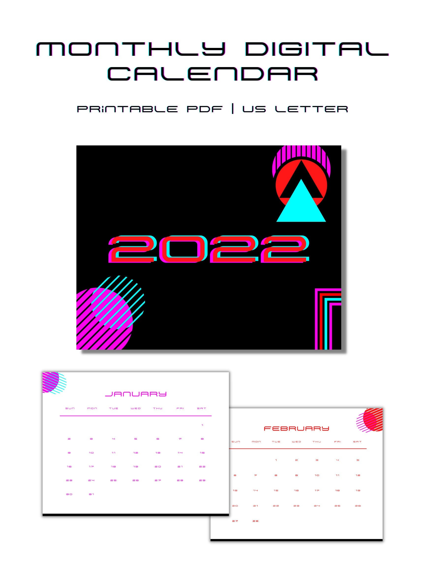 Monthly Digital Calendar PDF Printable Etsy