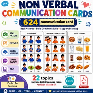 May include: A set of 624 non-verbal communication cards featuring real pictures, organized into 22 topics including signs, symbols, emotions, senses of taste, foods, and drinks. The cards are editable in Canva and available as a digital PDF download.