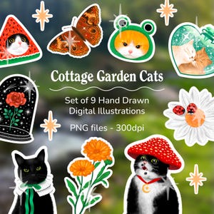 Puede incluir: Una colección de nueve ilustraciones digitales con gatos en un tema de jardín de cabaña. Los diseños incluyen un gato en una rodaja de sandía, una mariposa, un gato con un sombrero de rana y un gato en una escena en forma de corazón. El texto dice "Cottage Garden Cats".