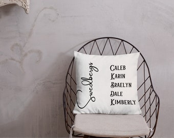 May include: White throw pillow with black text that reads "Swedbergs" and a list of names: Caleb, Karin, Braelyn, Dale, Kimberly.