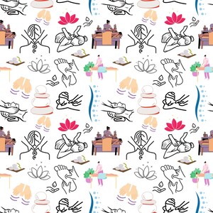 Op de afbeelding: Een naadloos patroon met verschillende spa- en massage-illustraties. Het patroon bevat afbeeldingen van handen die een massage geven, een lotusbloem, een persoon die een voetmassage krijgt, een persoon die een rugmassage krijgt en een stapel stenen. Het patroon is in zwart-wit met kleurvlekken.