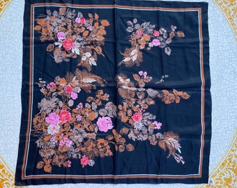Vintage pure silk scarf , black silk scarf floral print scarf, square silk scarf.