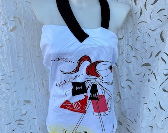 Loca Sabiduría  halter top Y2K vintage 2000s, Spanish cartoon tank top  with asymetric neckline, size L.