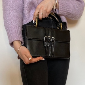Vintage black black handbag woman. Small leather bag CESARE PICCINI. Italian handbag 1970s vintage.