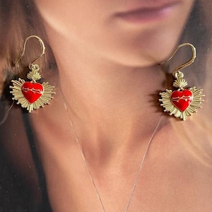 Red Sacred heart earrings , heart pepper earrings , italian earrings. Small Sacred heart jewelry.