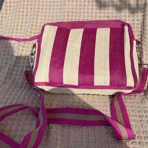 Pink striped bag, beach bag. Summer textile crossbody vintage 2000s.