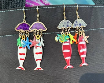 Fish earrings, Jellyfish  earrings. Colorful charm earrings. Mermaid earrings. Enamel summer jewelry for woman.