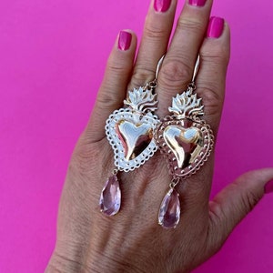 Sacred heart  earrings, heart earrings, flaming heart italian earrings.