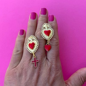 Small Sacred heart  earrings, heart shape earrings , flaming heart italian jewelry.