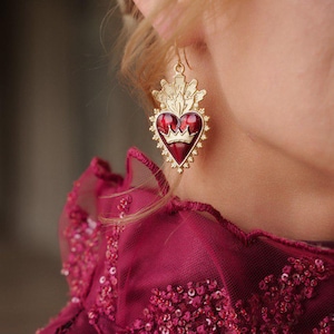 Red sacred heart earrings gold tone earrings ,trending Italian jewelry for woman gift.