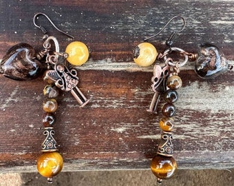 Jasper tiger eye cluster earrings dangle drop earrings. Brown bronze italian earrings with charms.