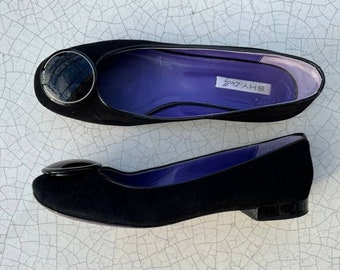 vintage Shy chaussures en daim noir chaussures à talons bas taille 41 eu 9 1/2 US, chaussures italiennes des années 2000.