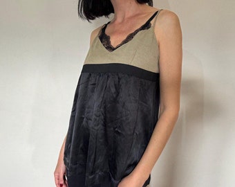 Vintage TWINSET black silk top with wool inserts 1980s y2k top tunic. Sleeveless blouse. Camisole Top