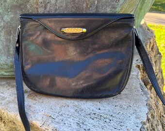 Dark blue leather clutch bag 1990s, envelope bag, elegant italian purse.