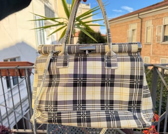 Bolso de mano a cuadros, bolso de piel italiano hecho a mano, vintage años 2000.