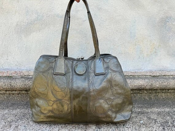 Vintage Coach Signature Plastic Bag 1980s. Khaki Handbag With Kiss