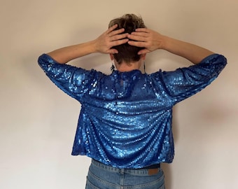 Vintage blue sequin jacket Twin-set Simona Barbieri. Bomber jacket Y2K clothes.