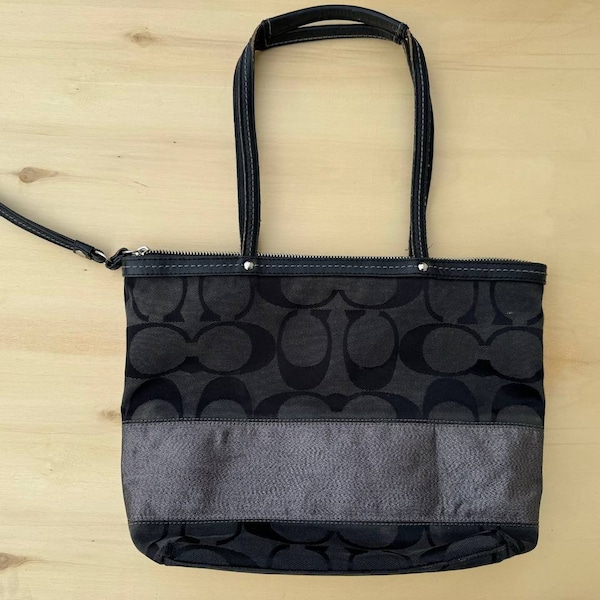 Black coach bag, Signature tote bag with Monogram Open Top Tote Black & Silver Number 12977.