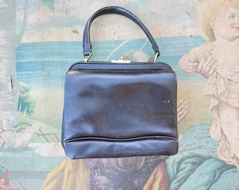 Vintage Black Leather Clutch purse, 1970s Italian  small evening Handbag.