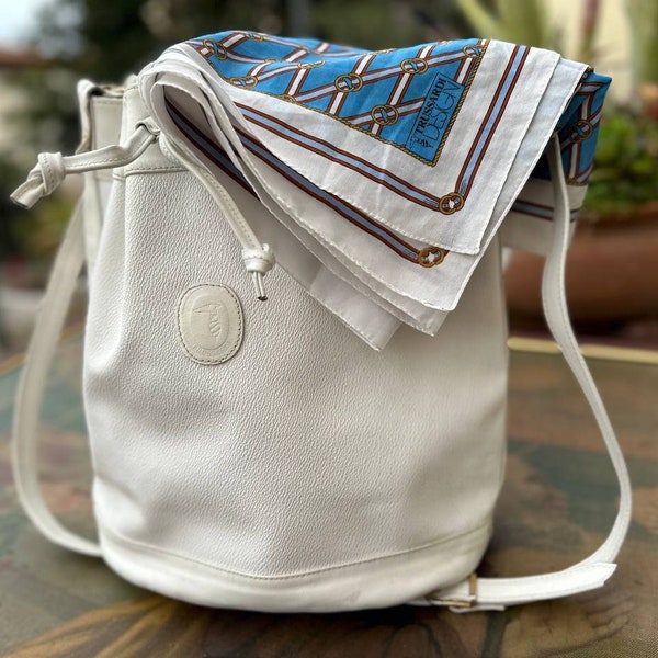 Trussardi vintage White leather bucket bag, leather hobo bag and purse scarf.