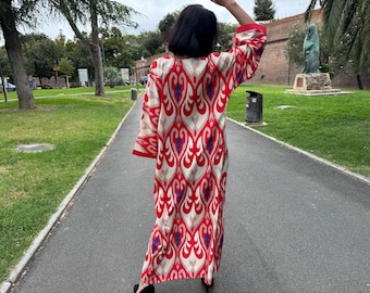 Red asian jacket, ethnic  kimono robe, oriental dressing gown with long tassel earrings and pendant.