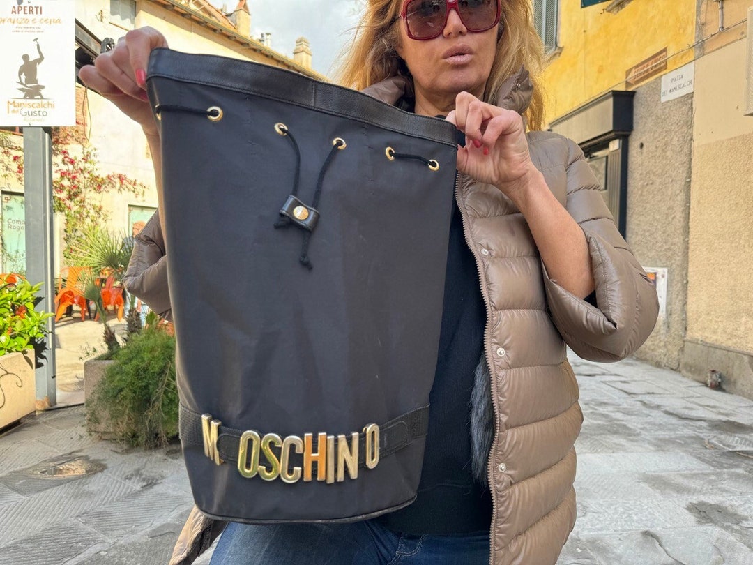 Moschino Bucket Bag 1990s Vintage Canvas Hobo Bag Gold Logo