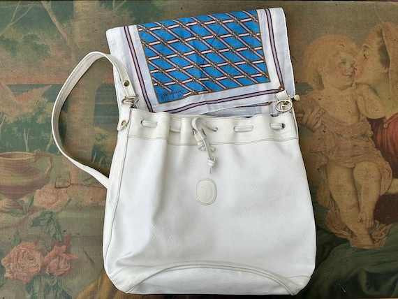 Trussardi vintage White leather bucket bag, leather hobo bag and purse scarf.