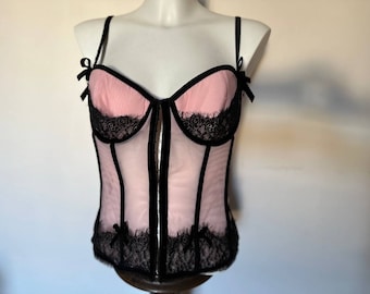 Vintage Victoria's Secret Pink Bustier Top, 36C, Black Lace Lingerie