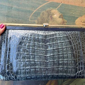 Vintage black snakeskin clutch 1990s, small womens clutch purse with chain strap .Italian leather handbag python print for woman.