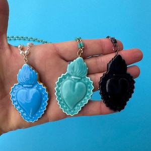 Ceramic Sacred Heart necklace pendant  on long chain. Colorful flaming heart necklace. Trendy italian gifts sacred heart jewelry.