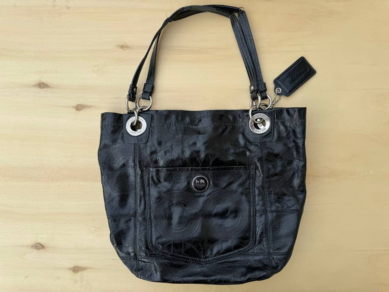 Vintage Black Signature Coach Bag Patent Leather Tote Bag Vintage Black Signature Coach Bag Patent Leather Tote Bag