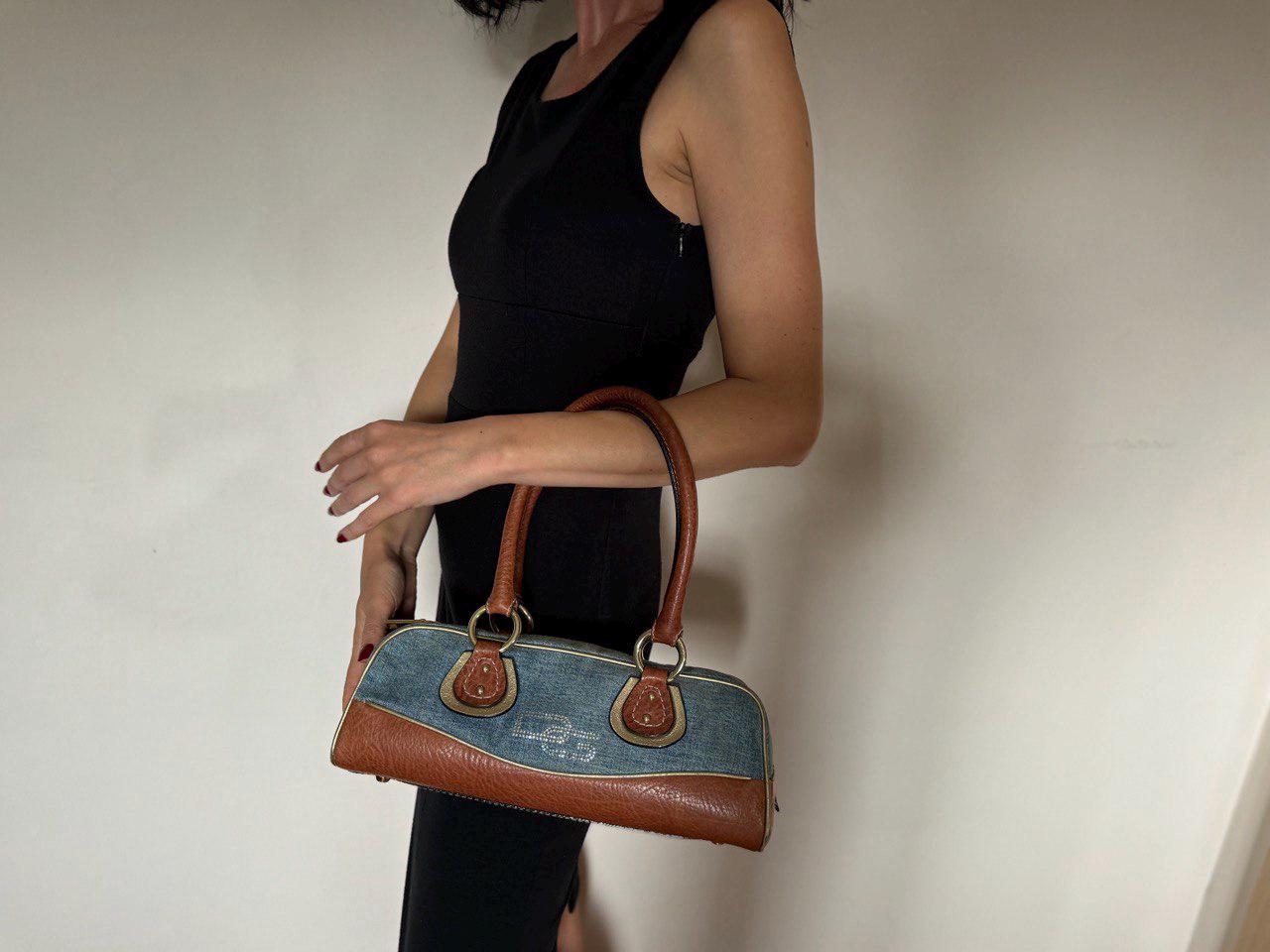 Dolce & Gabbana ショルダーバッグ ブラウンキャンバス/ネイビー Dolce Gabbana D&G Canvas Denim Black Blue & Leather Shoulder Bag