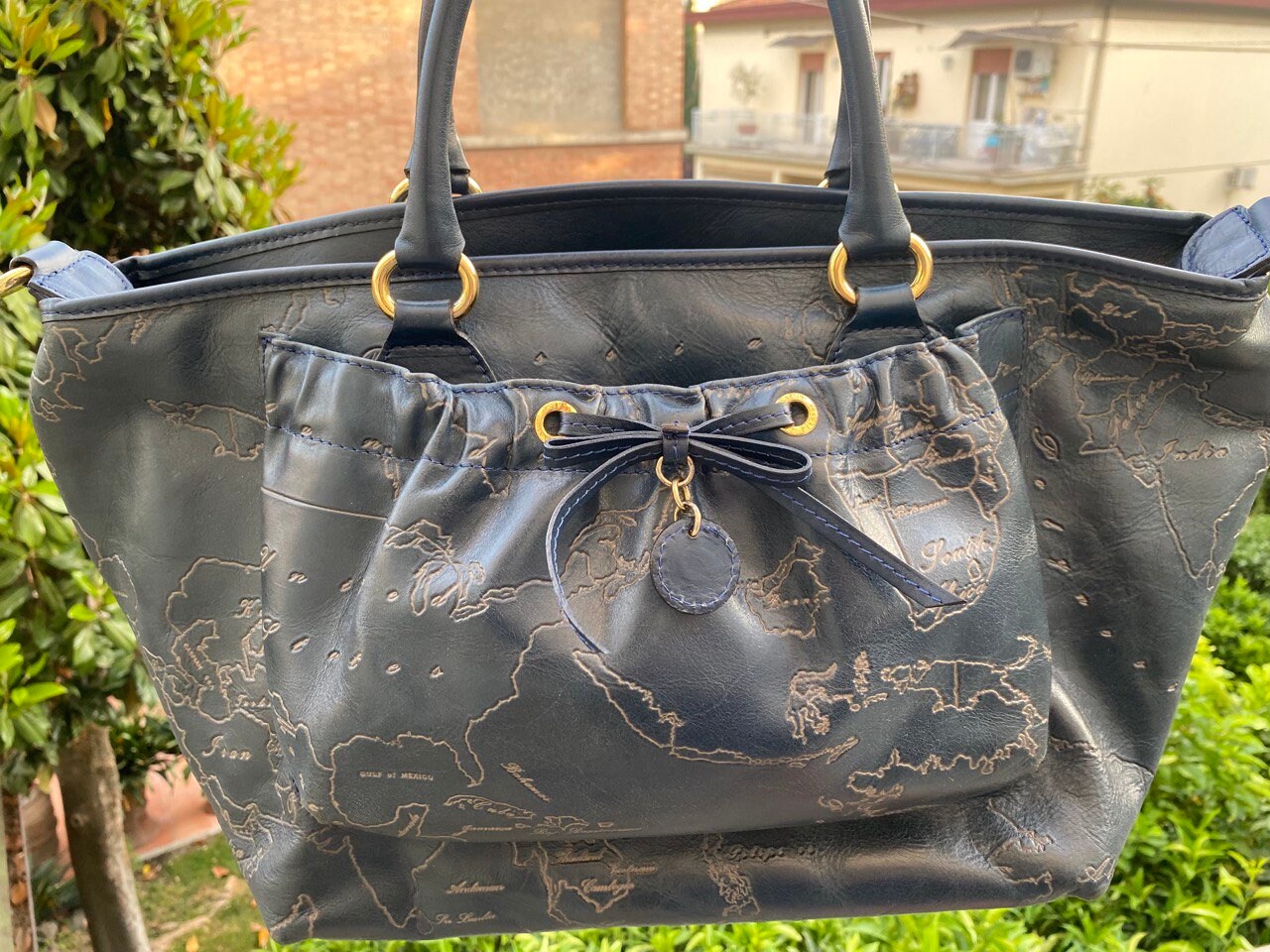 Vintage Alviero Martini Handbag: Geo Map Embossed Leather 