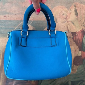 Classic blue small handbag 2000s, Fabric top handle bag for woman. Clutch bag.