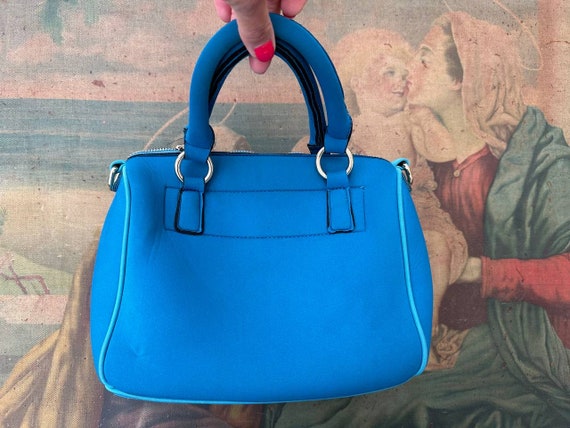 Classic blue small handbag 2000s, Fabric top handle bag for woman. Clutch bag.