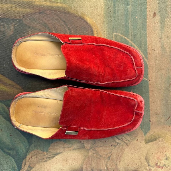 Vintage Red mules Cesare Paciotti 2000s, suede boudoir slippers unisex size eu 41 (US 9.5). Bohemian shoes.