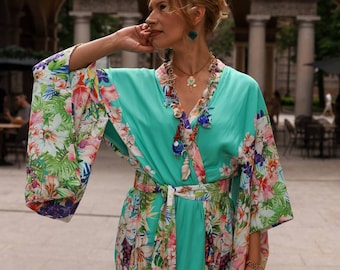 Floral kimono robe. Bohemian Dressing Gown, long sleeve kimono cardigan.